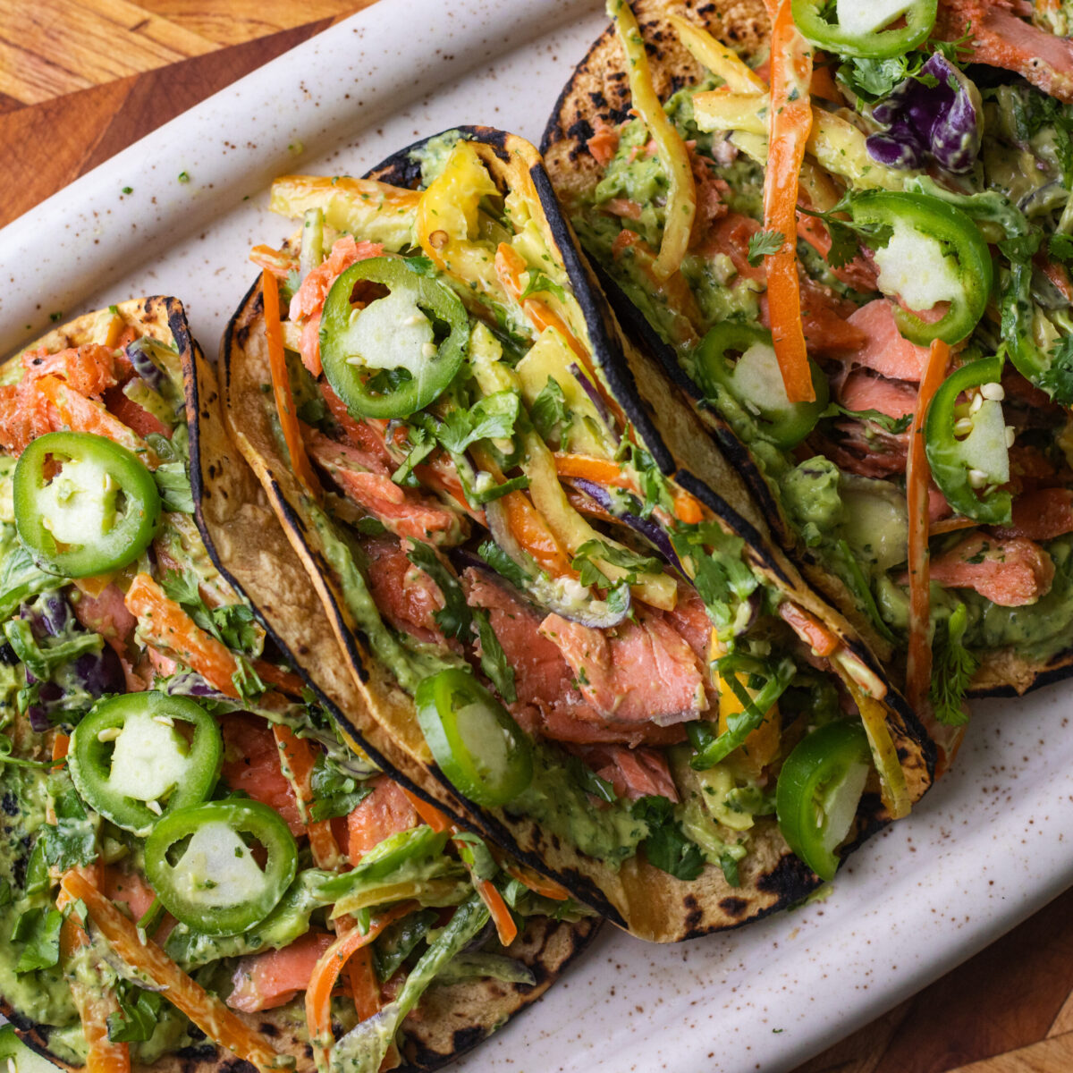 High-Protein Salmon Tacos with Avocado Salsa & Chipotle Aioli